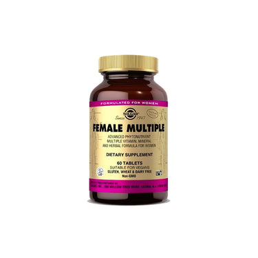 A bottle of Solgar Female Multiple 60 Tablets on a white background.
